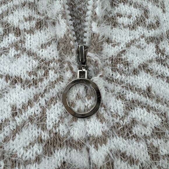 ZEVA Beige White Geometric Hooded Cardigan Sweater Coat Zip Front Pockets L - Picture 4 of 9